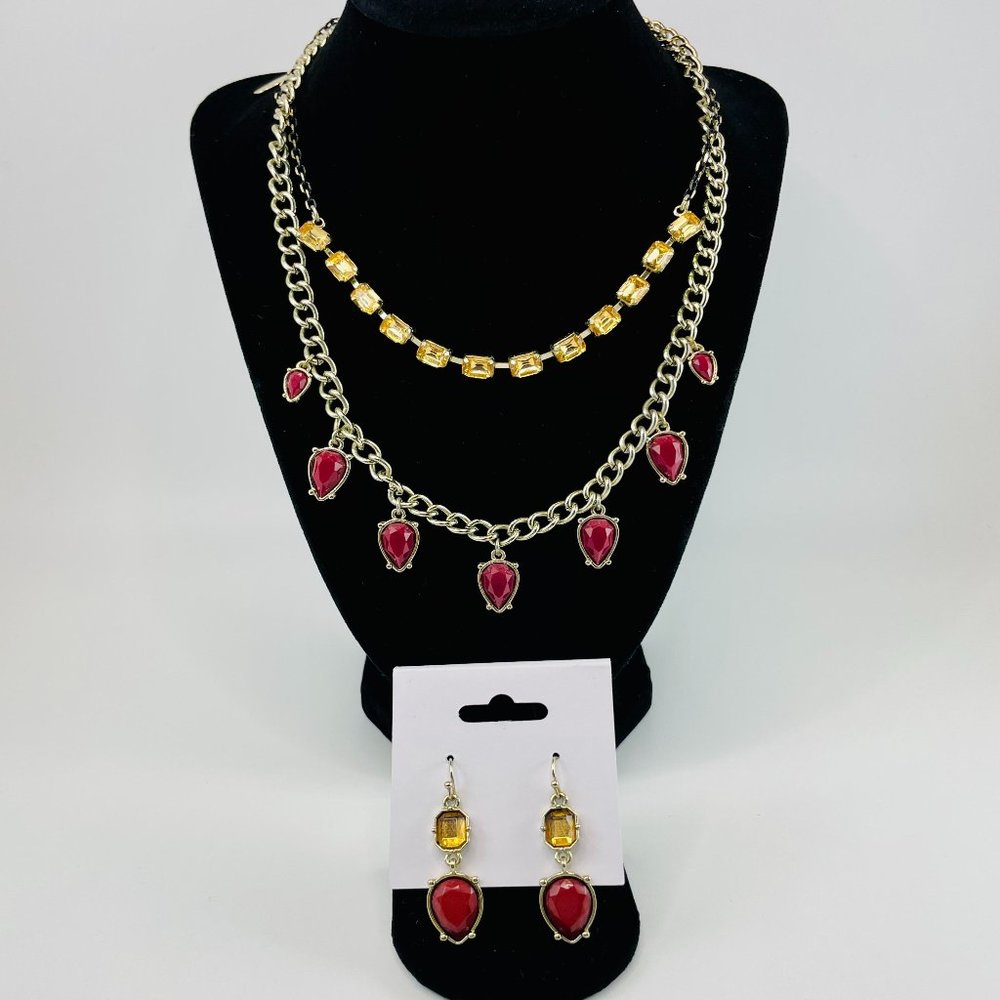 Fashion Jewelry, Layered Antique Gold Necklace, Matching Earring Set